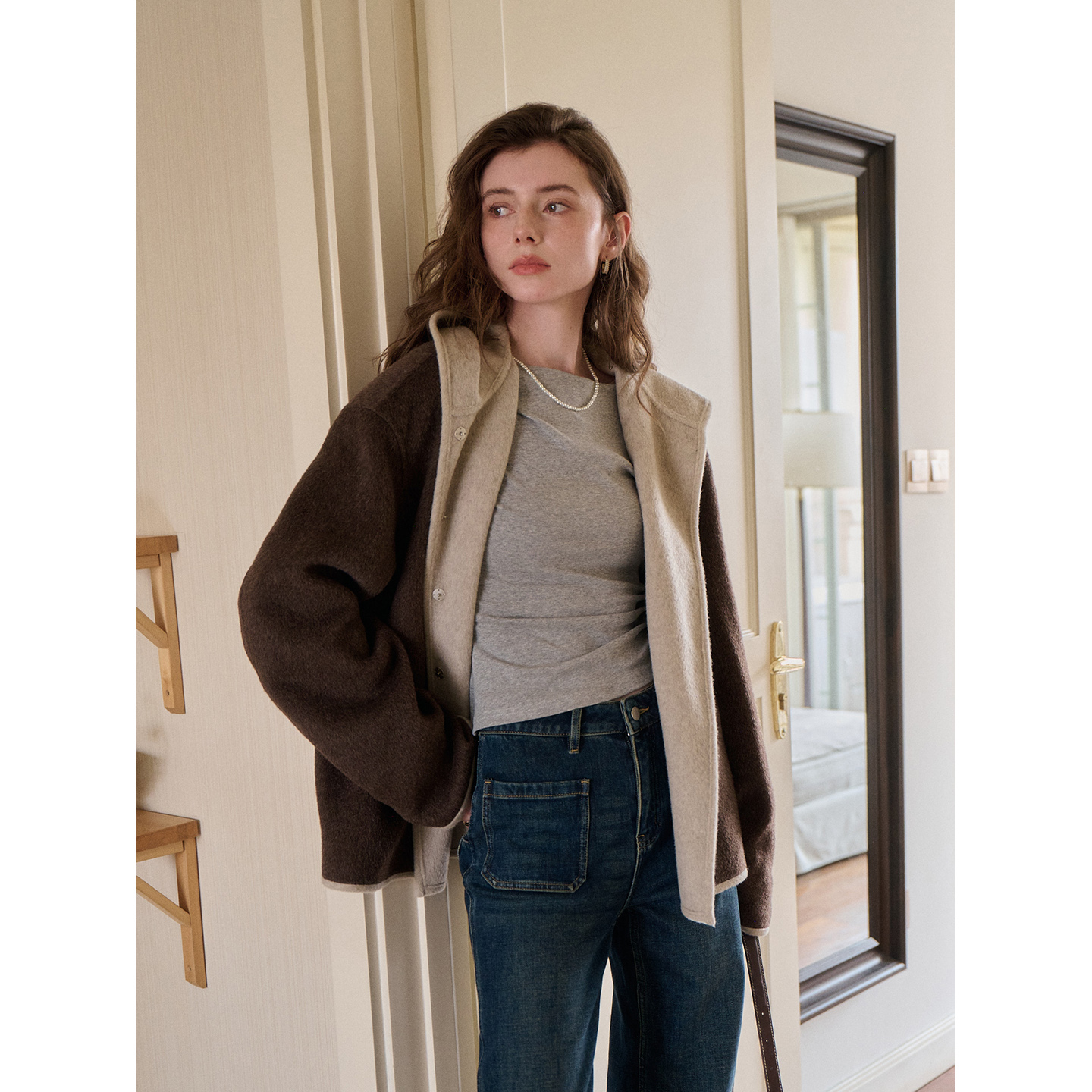 SimpleRetro焦糖可露丽 全绵羊毛撞色连帽双面呢大衣女冬毛呢外套