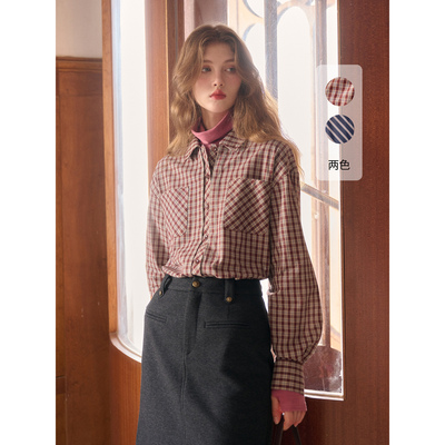 SimpleRetro日落酒馆 法式全棉慵懒条纹衬衫女冬休闲翻领长袖衬衣