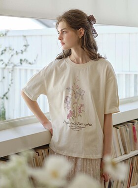 SimpleRetro杏里慢行  全棉复古花卉印花短袖T恤女夏圆领百搭上衣