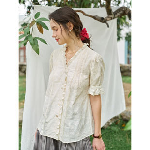 0点新品 9折 法式 衬衫 肌理提花v领短袖 女设计感气质上衣