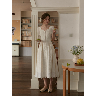 SimpleRetro雾屿白诗 法式全棉提花温柔风方领连衣裙女显瘦a字裙