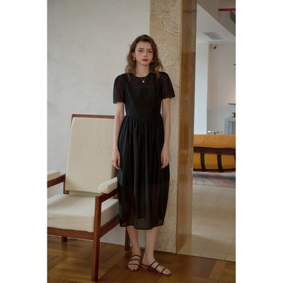 SimpleRetro沉夜微光 天丝薄纱感领口刺绣黑色连衣裙气质通勤裙子