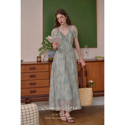 SimpleRetro青州漫山 艺术感晕染薄纱经典u领国风新中式连衣裙子
