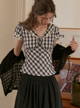 SimpleRetro复古花边海军领格纹衬衫女短款减龄法式小衫