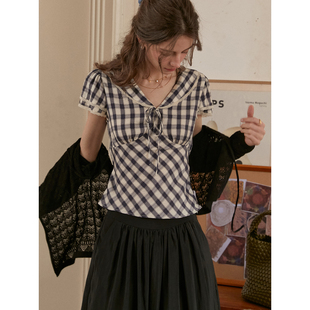 【柒柒Moon直播间】SimpleRetro复古海军领格纹衬衫女法式小衫