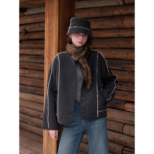 SimpleRetro雪野之声 仿羊羔毛带帽子皮毛一体短款毛呢外套女冬季