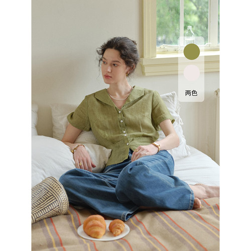 SimpleRetro桃桃青梅 天丝苎麻翻领短袖衬衫女复古短款通勤小衫夏