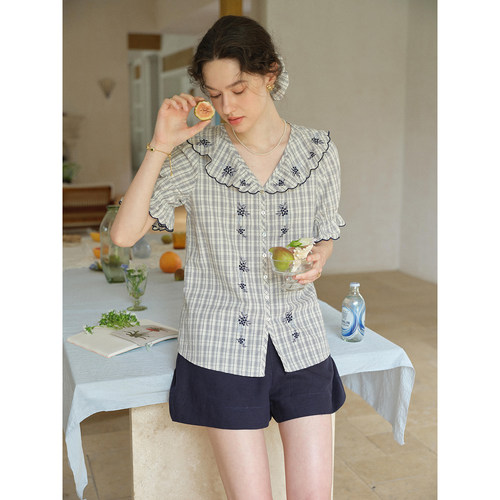 SimpleRetro花影茶亭 法式全棉定位刺绣格纹衬衫女娃娃领短袖小衫
