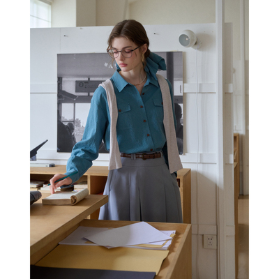 SimpleRetro山雾手记 法式复古泡泡格纹长袖衬衫女春别致通勤衬衣