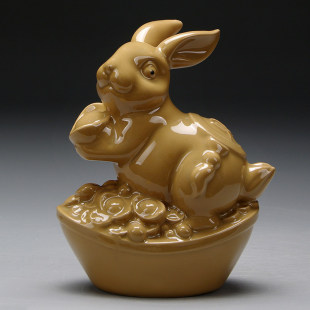 土黄色陶瓷小兔子摆件十二生肖吉祥物客厅补角化解家居装饰工艺品