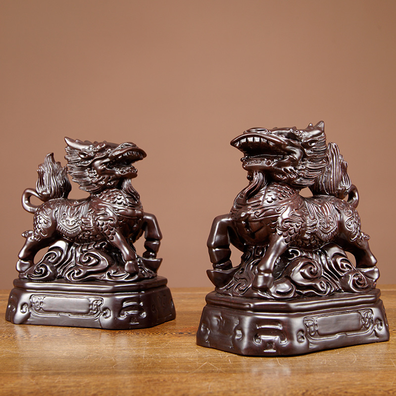 黑檀木雕麒麟摆件实木一对家居客厅电视柜玄关装饰工艺品开业送礼