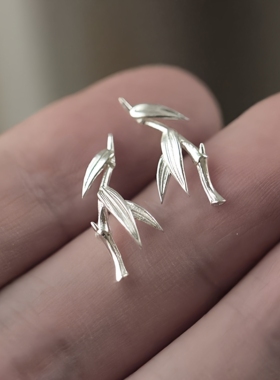 新中式清冷竹叶925银耳钉原创设计复古国风搭配男女款高级感耳饰