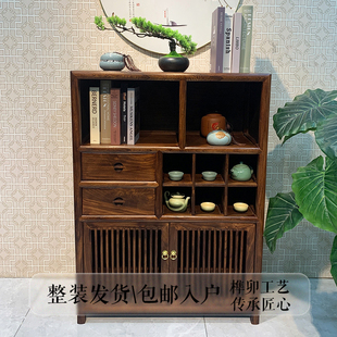 胡桃木博古架榆木矮柜茶室边柜置物架侘寂风家用客厅展示柜 新中式