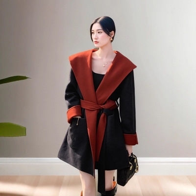 2025秋冬新款时尚气质连帽毛呢大衣外套大衣双面羊绒女高级感斗篷
