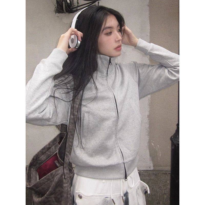 灰色卫衣外套女款正肩短款2025新款立领小个子早秋薄修身开衫上衣