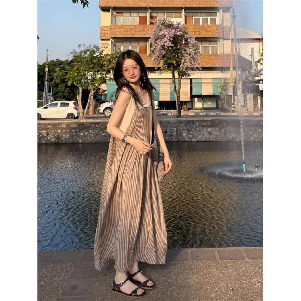 日系复古条纹叠穿无袖小