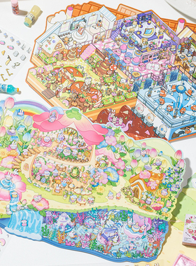 语闲趣味世界4.0pet小屋微缩造景贴纸 可爱ins大尺寸场景装饰贴画