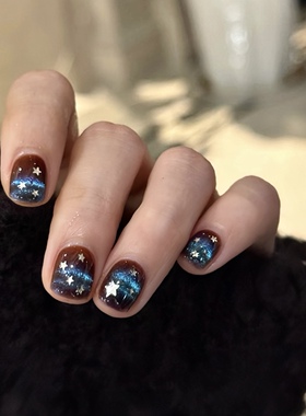 秋冬焦糖咖色星星猫眼纯手工穿戴甲高级感显白短款美甲贴片假指甲
