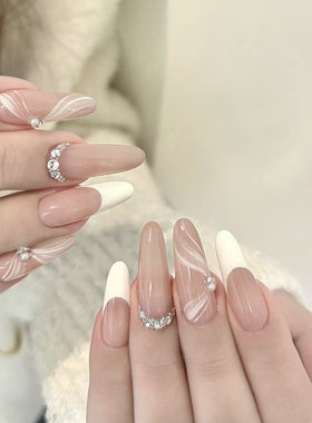 手工美甲贴片成品高级感白色法式仙女飘带穿戴甲可拆卸新娘美甲