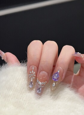 纯手工穿戴甲手作高级K9锆石钻紫色猫眼法式美甲显白指甲片可拆卸