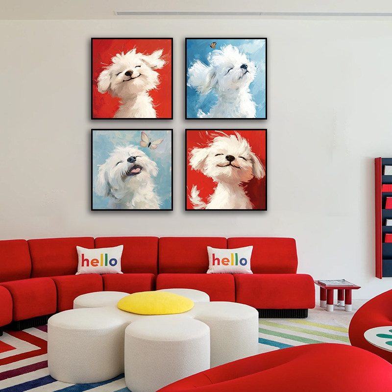 微笑白色小狗客厅多巴胺装饰画治愈系卧室挂画可爱萌宠儿童房壁画