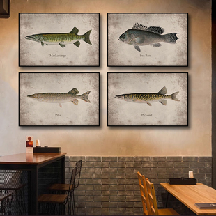 鱼类标本装饰画复古海鲜水产餐厅饭店挂画渔具店海钓俱乐部壁画