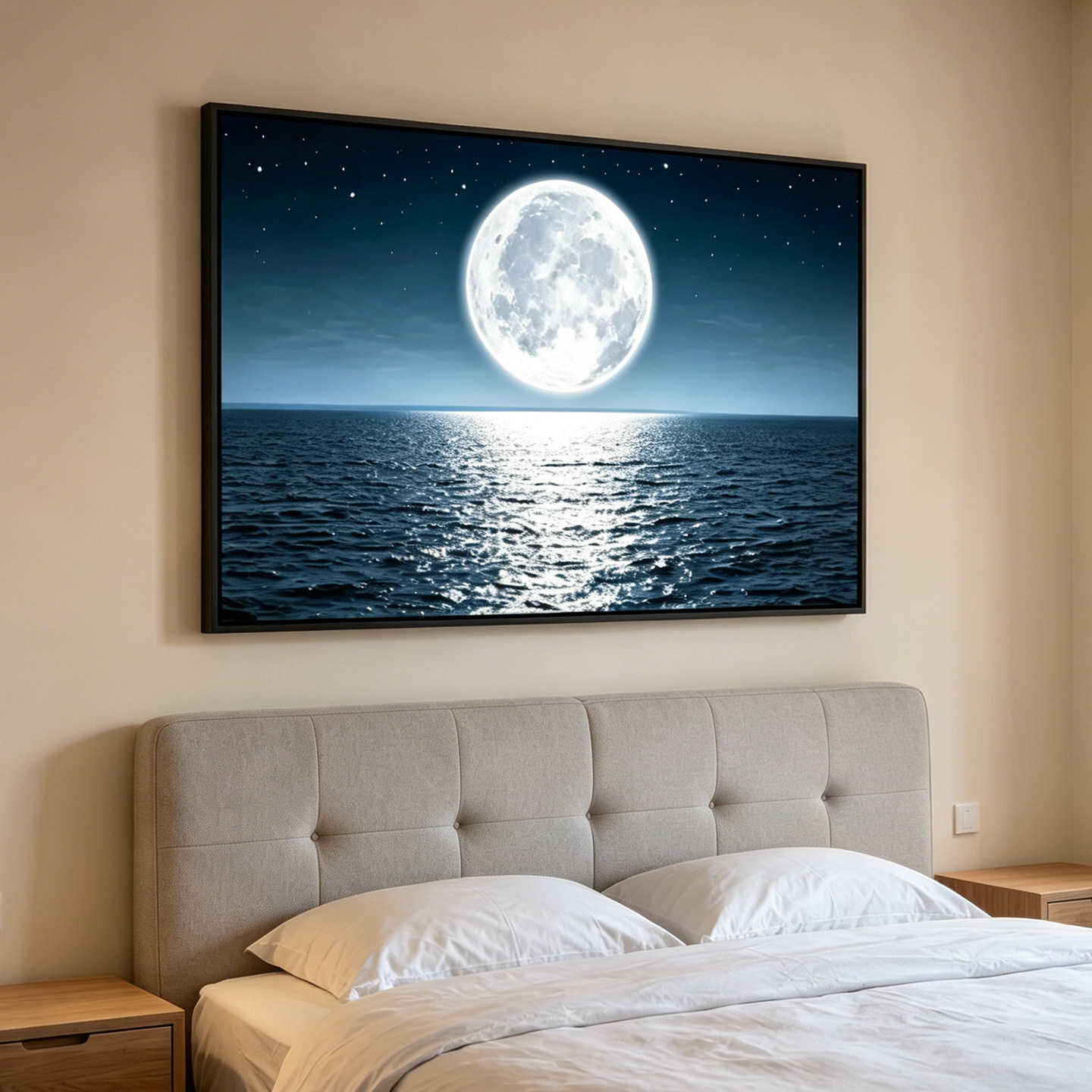 海上明月星空装饰画卧室床头发光挂画主卧客厅轻奢高级感月亮壁画