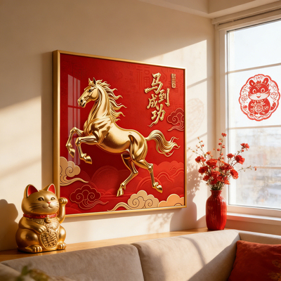 马到成功客厅装饰画2026新年红色喜庆马年入户玄关柜骏马餐厅挂画