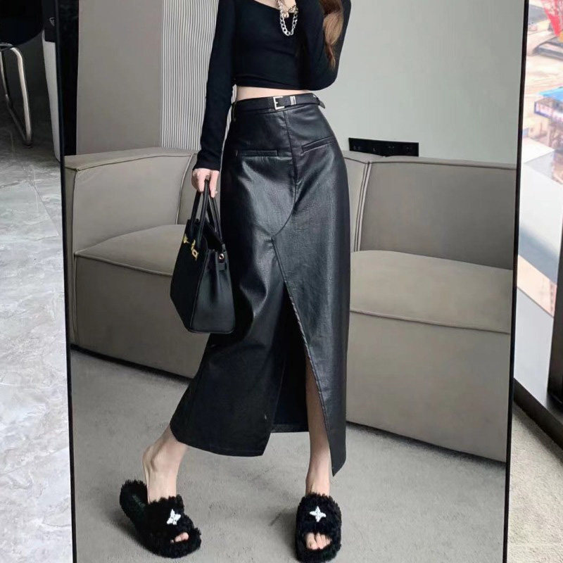 不规则开叉时尚PU皮裙女2025春秋新款高腰显瘦中长款直筒a字半身
