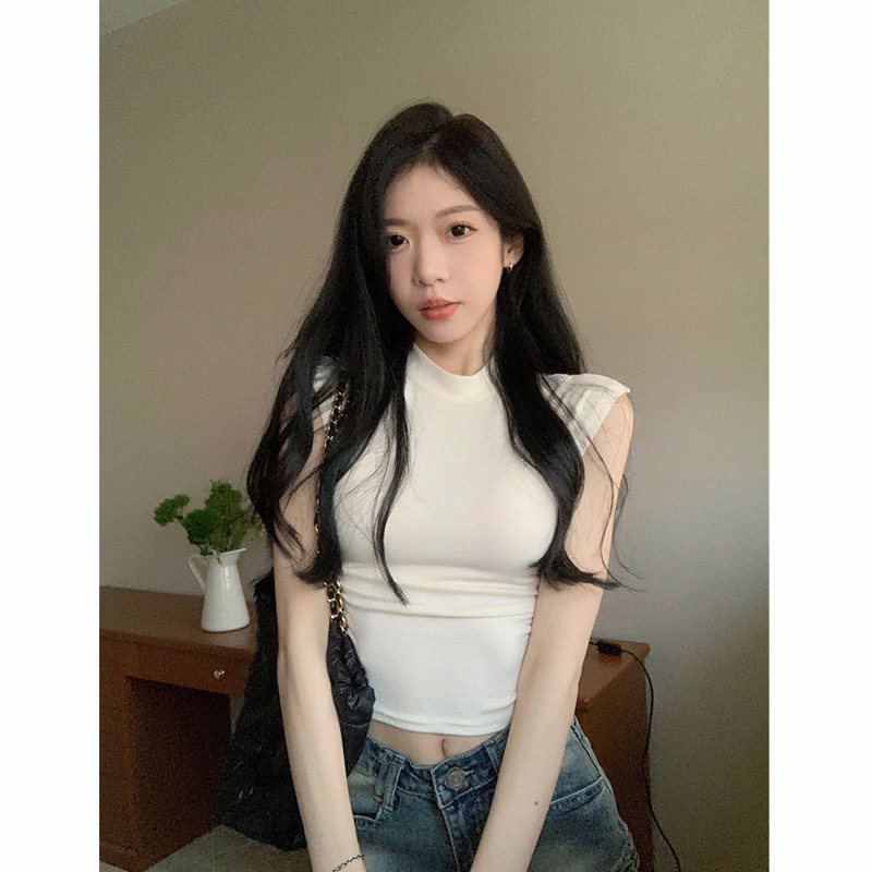 纯欲辣妹杏色无袖半高领T恤女夏季紧身修身显瘦收腰短款体恤上衣