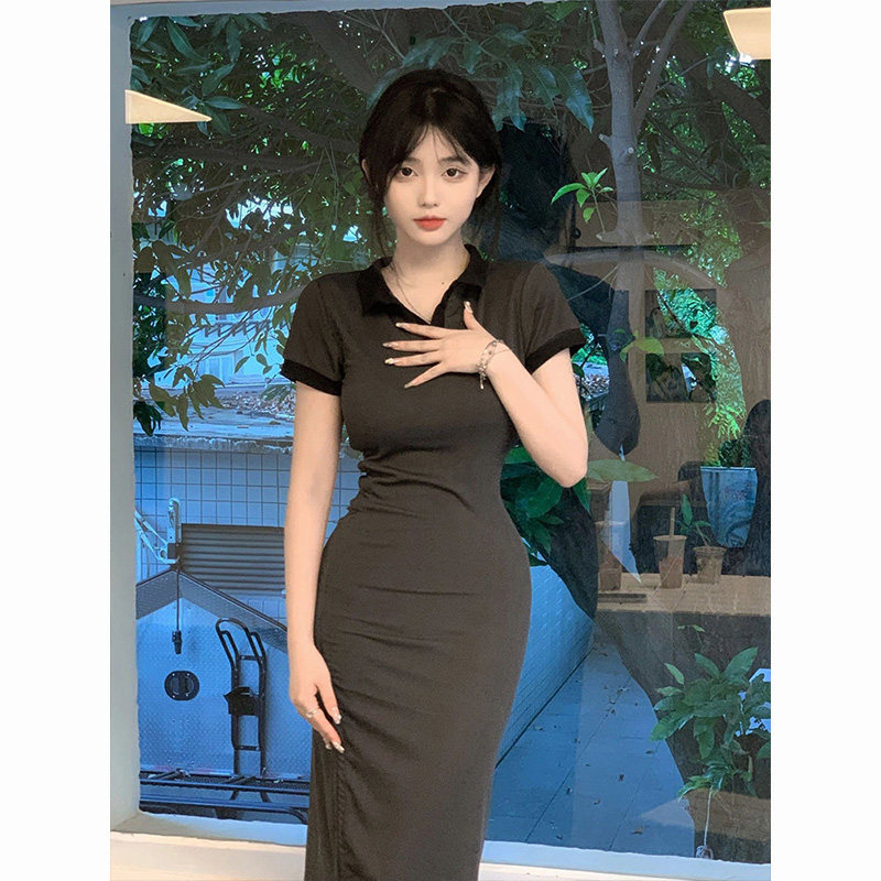 紧身显身材polo领连衣裙女夏季新款辣妹修身褶皱收腰显瘦包臀长裙