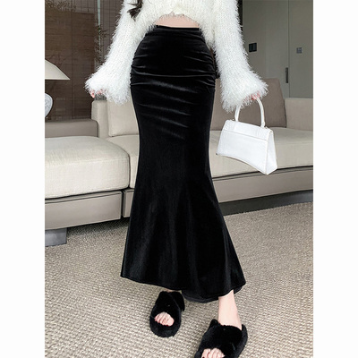 法式轻熟金丝绒鱼尾裙女到脚踝黑色包臀长裙春秋配毛衣高腰半身裙