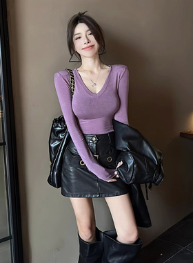 紫色v领长袖T恤女春季2025年新款辣妹紧身打底衫纯色修身短款上衣