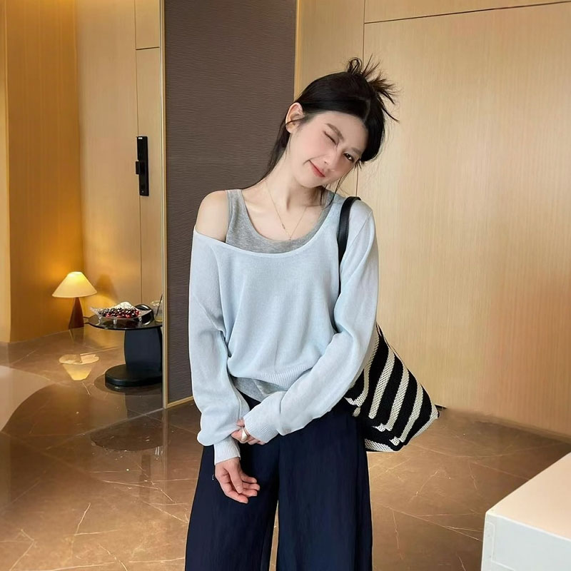 极速蓝色冰丝吊带背心叠穿T恤上衣两件套春秋设计感长袖露肩针织