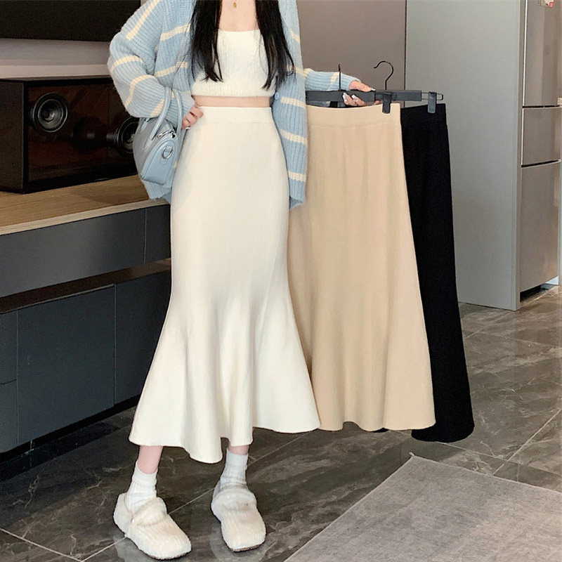 极速加厚米白色针织鱼尾裙女春秋天配毛衣半身裙中长款修身包臀半