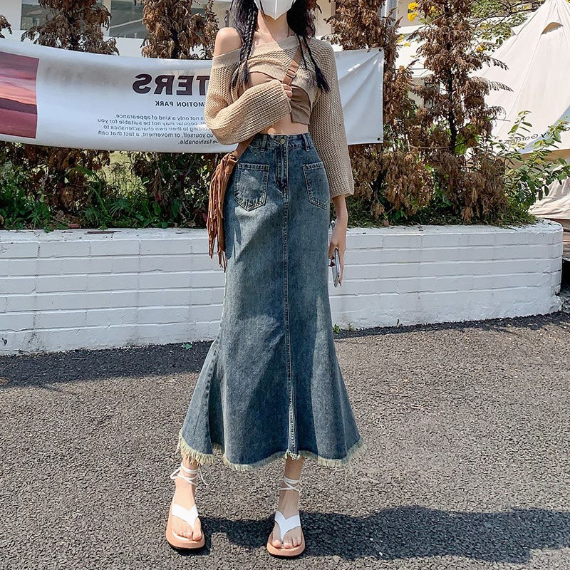 复古毛边牛仔半身裙女春季2025新款高腰遮跨显瘦小个子鱼尾中长裙