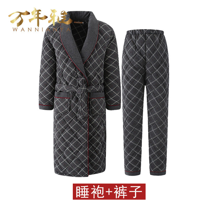 睡袍男冬季加厚长款浴袍保暖睡衣纯棉夹棉全棉浴衣男士家居服套装