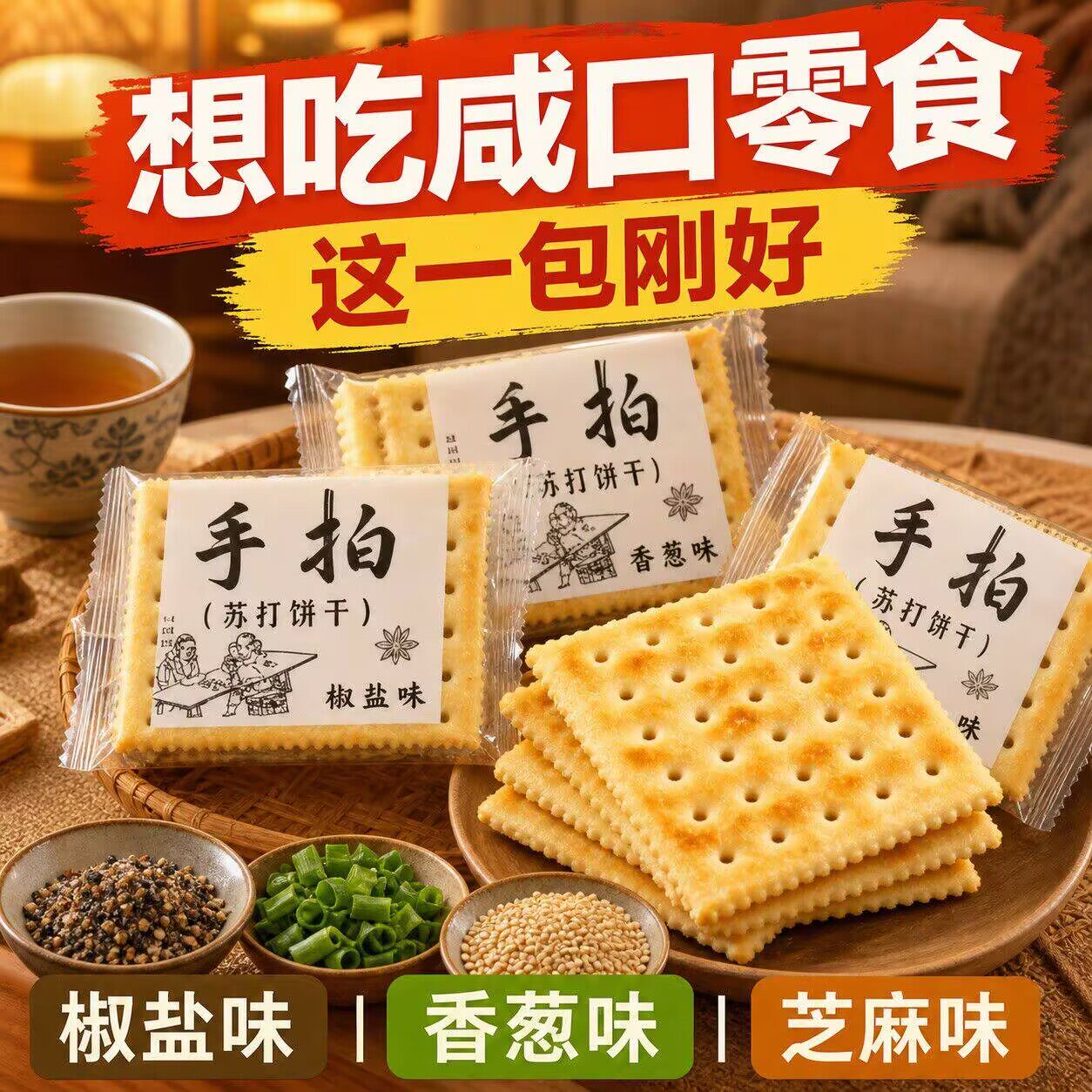 手拍苏打饼干梳打咸味低养食品胃脂代餐休闲零食早餐香葱椒盐
