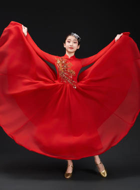 新款儿童歌伴舞开场舞大摆裙演出服中国风现代舞红色舞蹈服合唱服