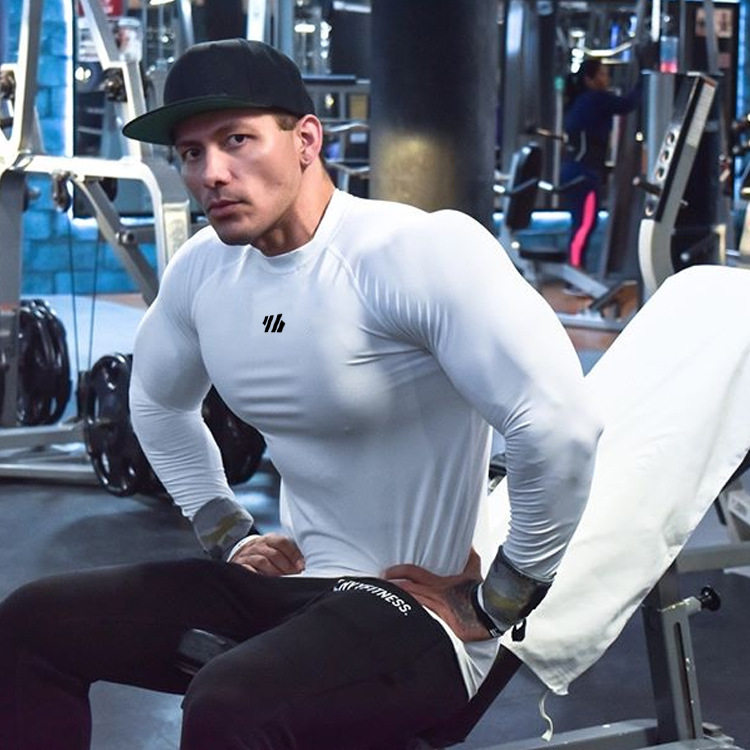 新款肌肉健身兄弟男长袖速干跑步训练高领运动T恤上衣弹力紧身衣