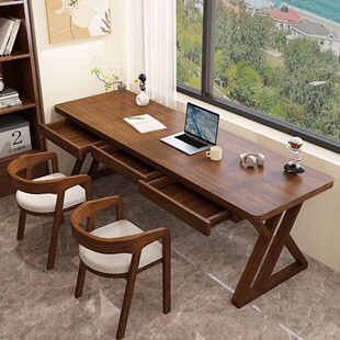 实木大书桌新中式长条桌双人抽屉学习阅读桌工作台式办公电脑桌子