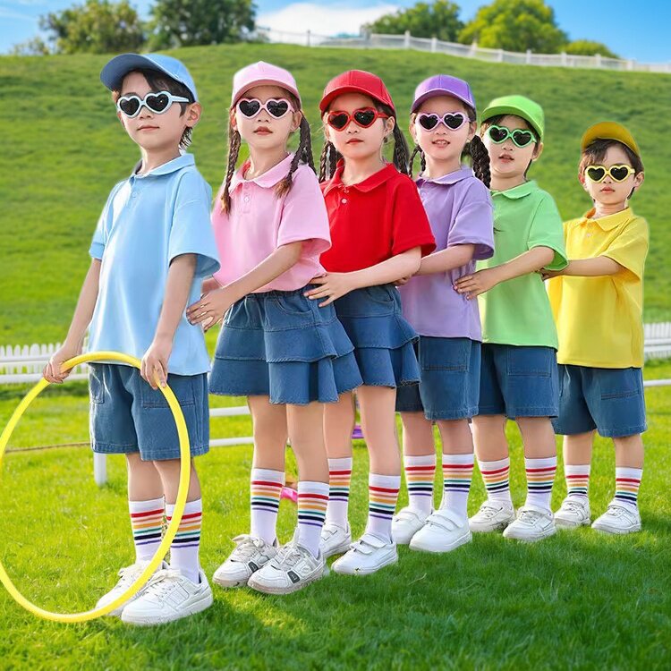 多巴胺糖果色儿童演出服男女小学生运动会啦啦队POLO衫表演服套装