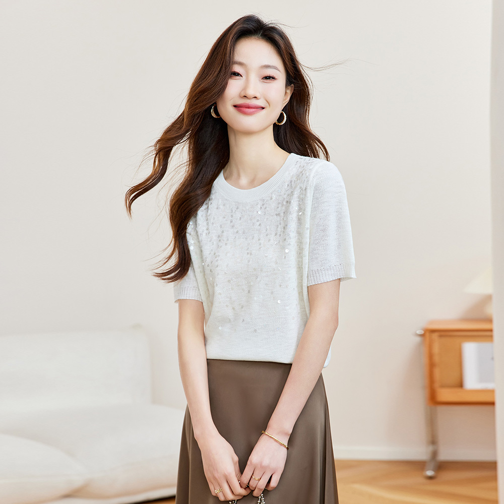 白色针织衫短袖女装2025新款夏季薄款亮片冰丝t恤爆款圆领小上衣