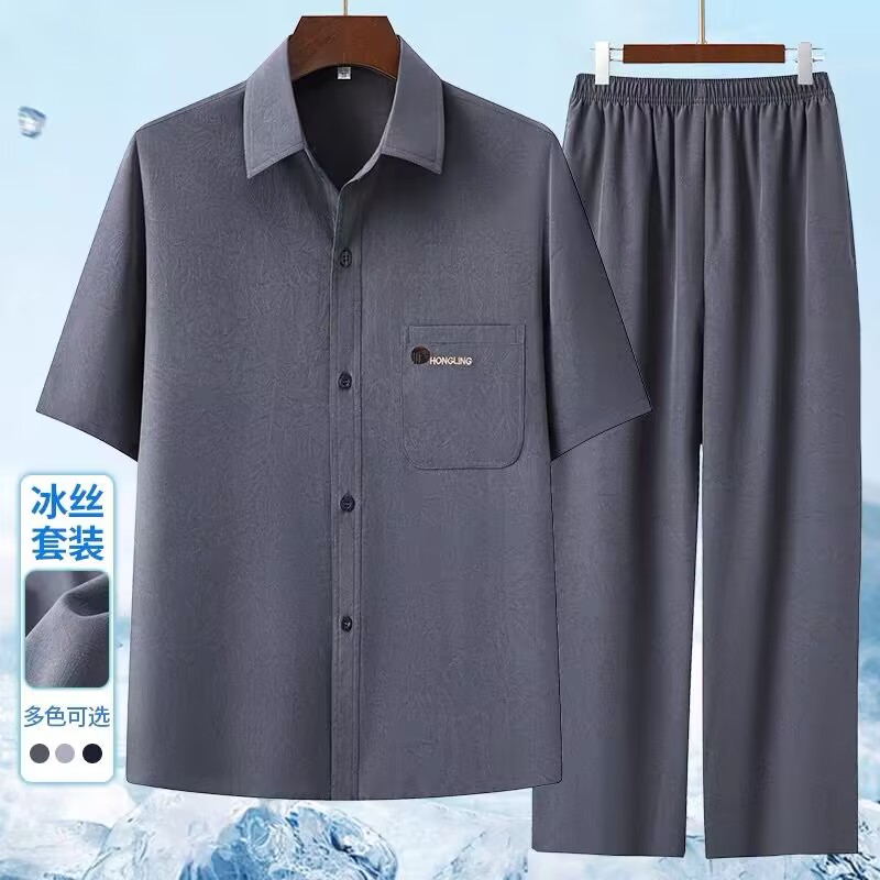 中老年爸爸夏季两件套男短袖长裤