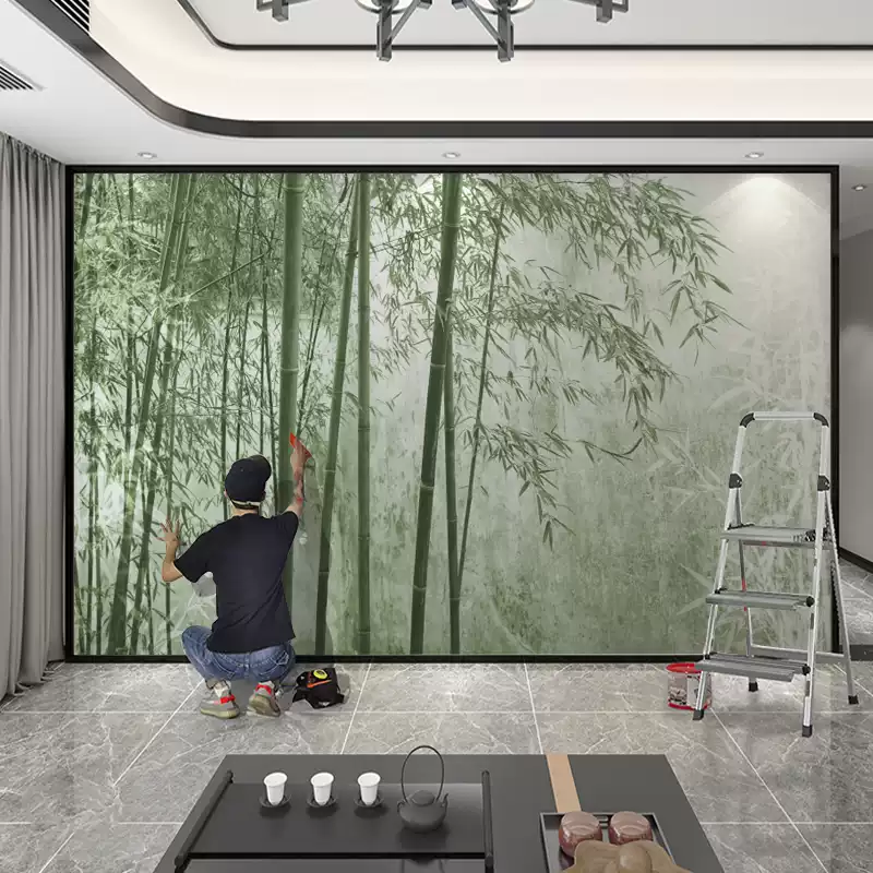 3D禅意意境竹子茶室壁画新中式
