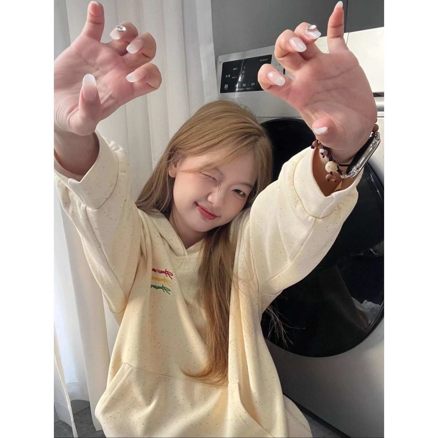 Girlyhalo彩点连帽卫衣女潮牌中性美式复古大帽沿盖屁屁宽松帽衫