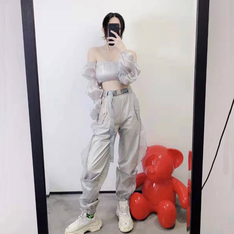 CEMT买手店 CSY一字肩上衣女欧根纱泡泡袖露脐装收口小脚裤套装