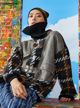 CEMT买手店 CSY复古针织格纹皮革秋冬毛绒加厚保暖宽松慵懒毛衣