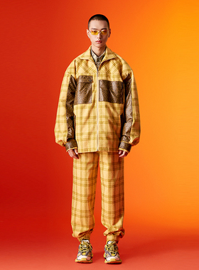 CSY原创设计中长款黄色格纹夹棉加厚宽松棉衣外套长裤套装男秋冬