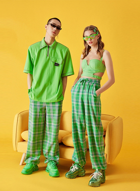 CSY原创设计 薄款运动宽松束脚绿色格子休闲裤男女同款阔腿长裤